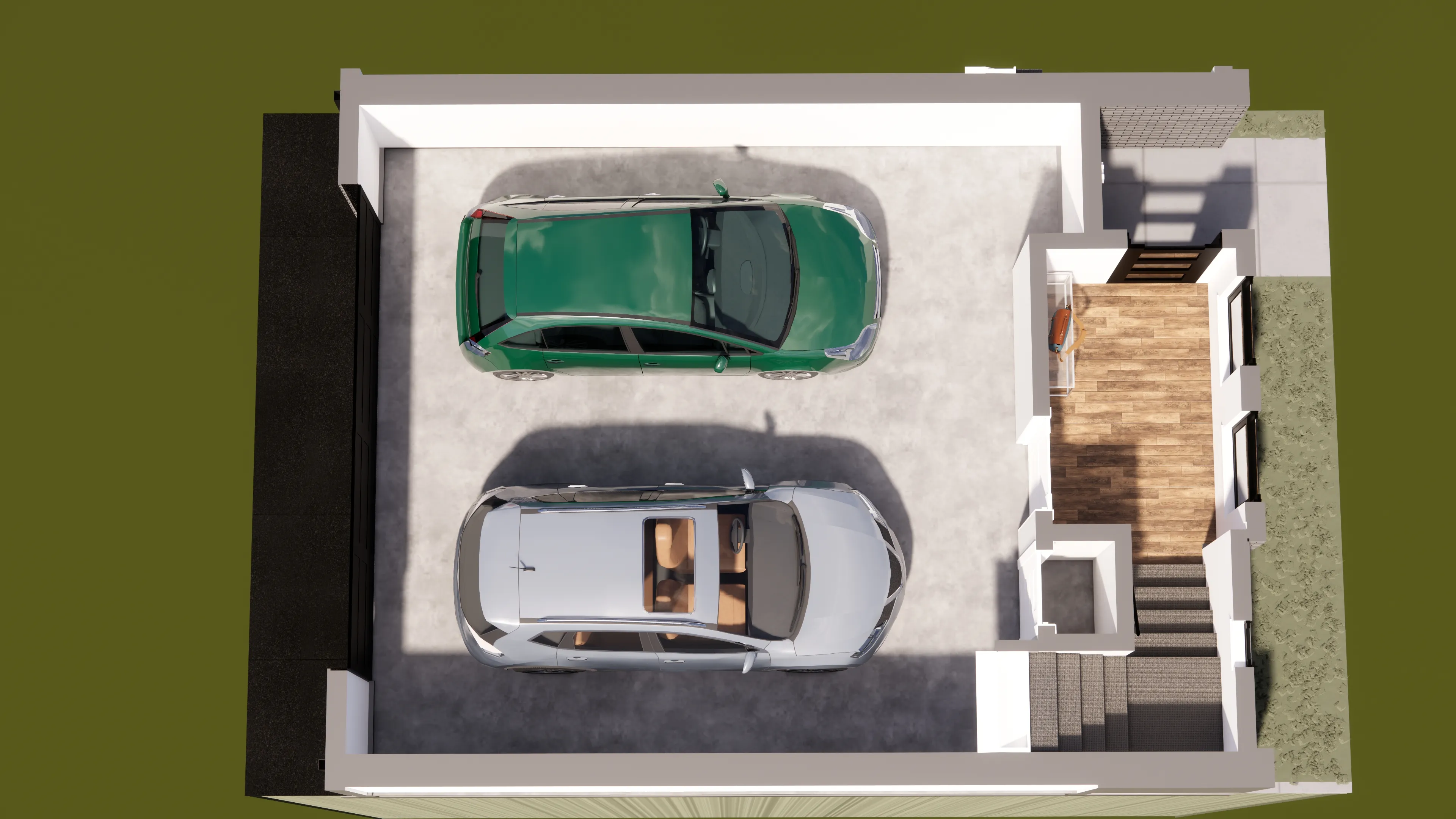 Level 1 floorplan of the three-bedroom Quincy townhome, including the attached garage and entry
