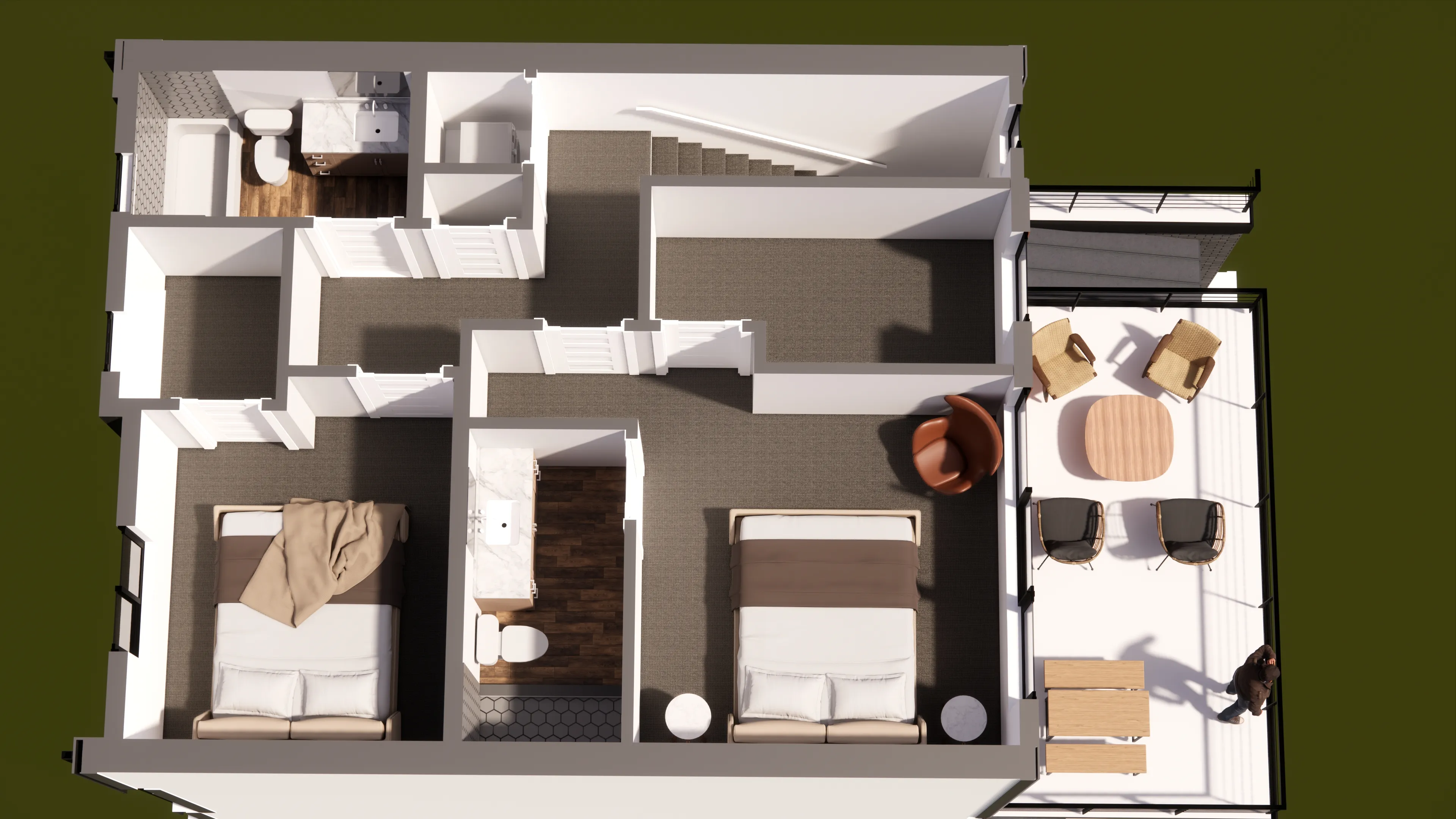 Unit 1, Level 3 floorplan: two bedrooms, two bathrooms, and laundry